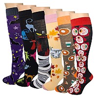 Sumona 6 Pairs Womens Fancy Design Multi Colorful Patterned Knee High Socks Halloweenfall