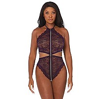 Dg Stretch Lace Halter Teddy Eggplant Os