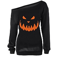 Dutebare Womens Halloween Shirts Off Shoulder Sweatshirts Pumpkin Long Sleeve Sweaters Black D 2Xl