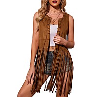 Hotouch Hippie Costume Women Fringe Top Brown Tassel Vest Jenny Halloween Outfit Costume Cowboy Shirts Leather Vest Sleeveless C