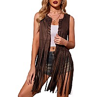 Hotouch Western Vest For Women Fringe Duster Lesther Jacket Cowgirl Tops 70S Clothes Faux Seude Open Front Halloween Costumes Na