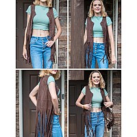 Hotouch Western Vest For Women Fringe Duster Lesther Jacket Cowgirl Tops 70S Clothes Faux Seude Open Front Halloween Costumes Na