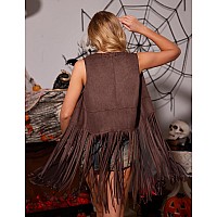 Hotouch Western Vest For Women Fringe Duster Lesther Jacket Cowgirl Tops 70S Clothes Faux Seude Open Front Halloween Costumes Na