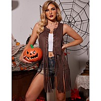 Hotouch Western Vest For Women Fringe Duster Lesther Jacket Cowgirl Tops 70S Clothes Faux Seude Open Front Halloween Costumes Na