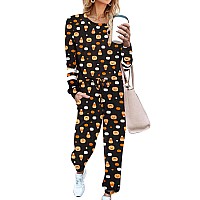 Ekouaer Sweatsuits Womens Loungewear Set Tracksuit Long Sleeve Pajamas Set With Pockets 2 Piece Outfits Lounge Sets Halloween Pu