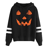 Women Halloween Pumpkin Cute Graphic Print Pullover Sweatshirts Funny Long Sleeves Hoodie Black S