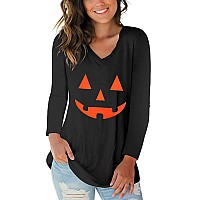 Womens Pumpkins Tops V Neck Long Sleeve Halloween Costume Fun Tee L