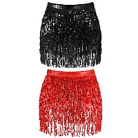 Syhood 2 Pcs Sequin Tassel Skirt Hip Scarf Belly Dance Belt Performance Skirt For Women And Girls Halloween Cosplaybasicblack