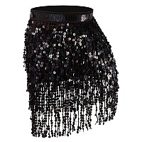 Syhood 2 Pcs Sequin Tassel Skirt Hip Scarf Belly Dance Belt Performance Skirt For Women And Girls Halloween Cosplaybasicblack