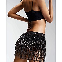 Syhood 2 Pcs Sequin Tassel Skirt Hip Scarf Belly Dance Belt Performance Skirt For Women And Girls Halloween Cosplaybasicblack