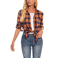 Guanyy Womens Long Sleeve Plaid Shirt Classic Cotton Button Down Flannel Shirt Halloween Clothes Dark Orange Navy Small