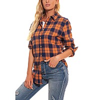 Guanyy Womens Long Sleeve Plaid Shirt Classic Cotton Button Down Flannel Shirt Halloween Clothes Dark Orange Navy Small