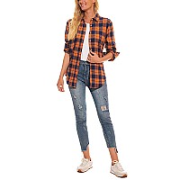 Guanyy Womens Long Sleeve Plaid Shirt Classic Cotton Button Down Flannel Shirt Halloween Clothes Dark Orange Navy Small