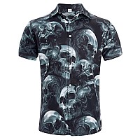 Goodstoworld Mens Halloween Button Down Shirts Hawaiian Skeleton Slim Fit Tshirt Dress Summer Holiday Vacation Beach Aloha Tee