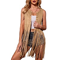 Hotouch Women Fringe Top Cowgirl Vest Faux Suede Tassel 70S Cowgirl Costume Open Front Sleeveless Fringe Jacket Lightweigt Hallo