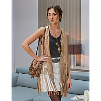 Hotouch Women Fringe Top Cowgirl Vest Faux Suede Tassel 70S Cowgirl Costume Open Front Sleeveless Fringe Jacket Lightweigt Hallo