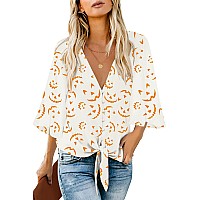 Luvamia Womens Halloween Shirts V Neck 34 Sleeve Button Down Blouses Front Tie Knot Tops Halloween Pumpkin Shirts White Size L