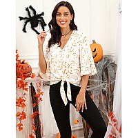 Luvamia Womens Halloween Shirts V Neck 34 Sleeve Button Down Blouses Front Tie Knot Tops Halloween Pumpkin Shirts White Size L