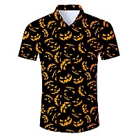 Alisister Mens Halloween Shirt Cute Pumpkin Button Down Short Sleeve Scary Horrible Costumes Vacation Holiday Tops Slim Fit Nove