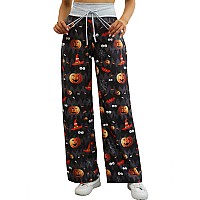 Ximage Halloween Skull Printed Pajama Pant Elastic High Waist Palazzo Pants For Women Halloweenpumpkin Ghost Large