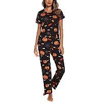 Eishopeer Womens Halloween Pajama Set Printed Short Sleeve Top Long Pants Sleepwear Pjs Sets Black Xs