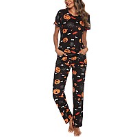 Eishopeer Womens Halloween Pajama Set Printed Short Sleeve Top Long Pants Sleepwear Pjs Sets Black Xs