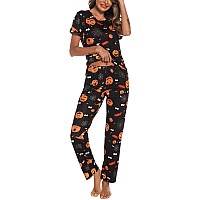 Eishopeer Womens Halloween Pajama Set Printed Short Sleeve Top Long Pants Sleepwear Pjs Sets Black Xs