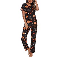 Eishopeer Womens Halloween Pajama Set Printed Short Sleeve Top Long Pants Sleepwear Pjs Sets Black Xs