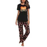 Eishopeer Womens Cute Halloween Pajama Set Printed Short Sleeve Top Long Pants Sleepwear Pjs Sets Black Xs