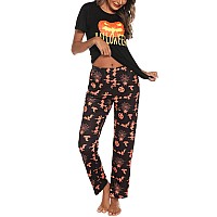 Eishopeer Womens Cute Halloween Pajama Set Printed Short Sleeve Top Long Pants Sleepwear Pjs Sets Black Xs