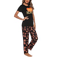 Eishopeer Womens Cute Halloween Pajama Set Printed Short Sleeve Top Long Pants Sleepwear Pjs Sets Black Xs