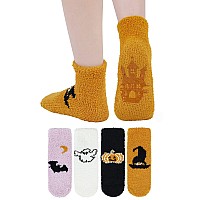 Womens Halloween Socks Halloween Fuzzy Socks Grip Socks Novelty Funny Spooky Socks Holiday Witch Bat Pumpkin Socks Warm Fluffy S