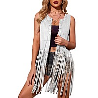 Hotouch Women Fringe Jacket Faux Suede Vest Tassel Top Sleeveless Cowgirl Country Western Outwear Coat Festival Clothing Hallowe