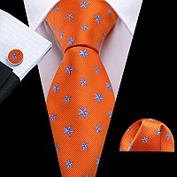 Barrywang Design Animal Ties Silk Woven Halloween Necktie Handkerhchief Cufflinks Set Party Festival Orange Starfish