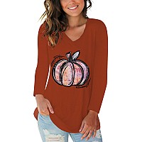 Halloween Tops For Women Long Sleeve Pumpkin Tunic Ladies Graphic Tees Funny V Neck Shirt Burnt Orange L