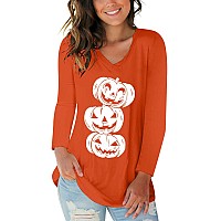 Halloween Pumpkin Shirt Women V Neck Graphic Tees Funny Cute Long Sleeve Fall Tops Orange S