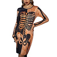 For G And Pl Halloween Cosplay Printed Womens Costume Knee Length Horror Club Novelty Dress Black Orange Skeleton Xs