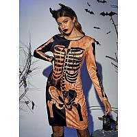 For G And Pl Halloween Cosplay Printed Womens Costume Knee Length Horror Club Novelty Dress Black Orange Skeleton Xs