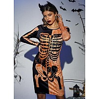 For G And Pl Halloween Cosplay Printed Womens Costume Knee Length Horror Club Novelty Dress Black Orange Skeleton Xs