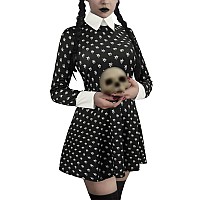 Giking Halloween Addams Family Costumes Cosplay Contrast Doll Collar Women Adult Wednesday Costume Dressblack Prints