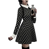 Giking Halloween Addams Family Costumes Cosplay Contrast Doll Collar Women Adult Wednesday Costume Dressblack Prints