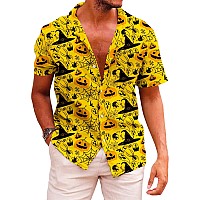 Kyku Mens Funny Halloween Shirts Novelty Hawaiian Shirt Pumpkin Yellow 3Xl