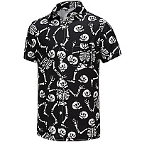 Kyku Mens Skull Shirts Button Up Short Sleeve Shirt Halloween Skeleton Medium