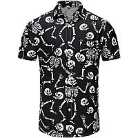 Kyku Mens Skull Shirts Button Up Short Sleeve Shirt Halloween Skeleton Medium