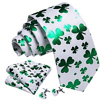 Barrywang Mens St Patricks Day Ties Silk Clover Woven Irish Christmas Handkerchief Cufflinks Festival Green Good Luck Hallowe