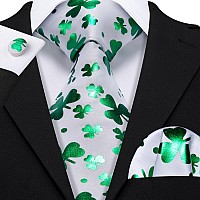 Barrywang Mens St Patricks Day Ties Silk Clover Woven Irish Christmas Handkerchief Cufflinks Festival Green Good Luck Hallowe