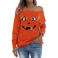 Roshop Womens Loose Baggy Off Shoulder Cute Holiday Long Sleeve Jack O Lantern Halloween Sweatshirt Tops Obp3 M