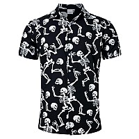 Alisister Mens Halloween Button Down Dress Shirt Skeleton Short Sleeve Funny Party Tops Skull Vacation Costumes