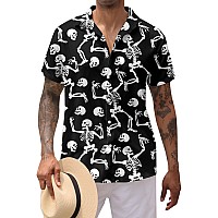 Alisister Mens Halloween Button Down Dress Shirt Skeleton Short Sleeve Funny Party Tops Skull Vacation Costumes