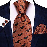 Hitie Silk Ties For Men Plaid Paisley Striped Necktie Pocket Square Cufflinks Set Formal Businesshalloween Black Orange Bat